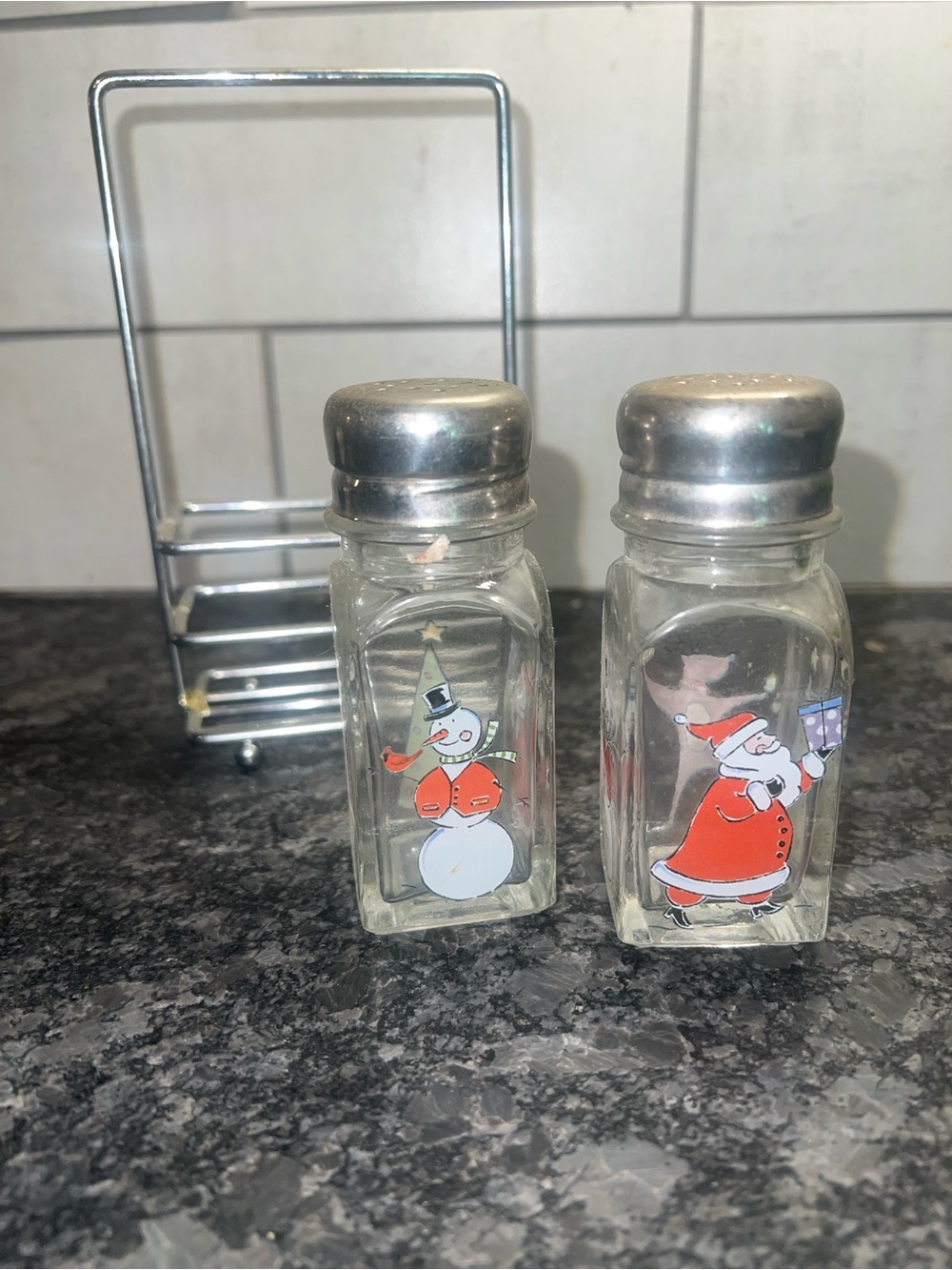 Vintage Holiday Snowman & Santa Glass Salt and Pepper Shakers - Red Accents